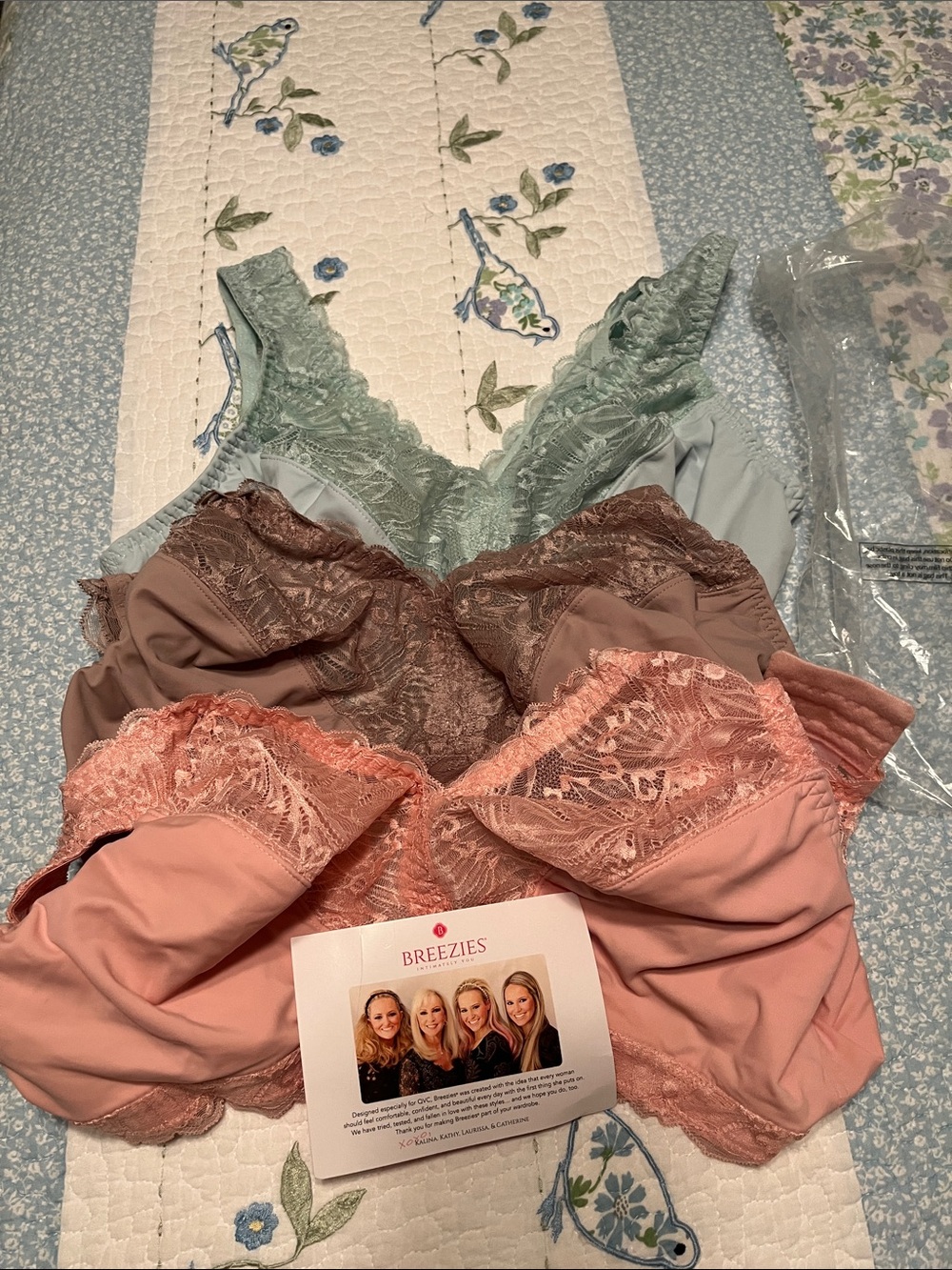 Breezies Lace-Trim Bralette Set in Pink, Taupe & Sage Wirefree NEW